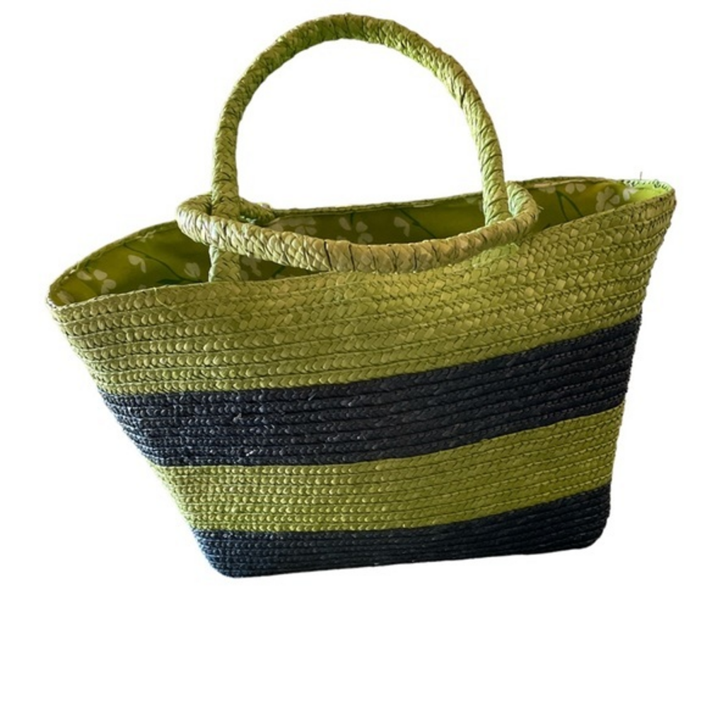 Straw‎ Woven Tote Bag Green Blue Striped Floral Fabric Lined Vacation Beach